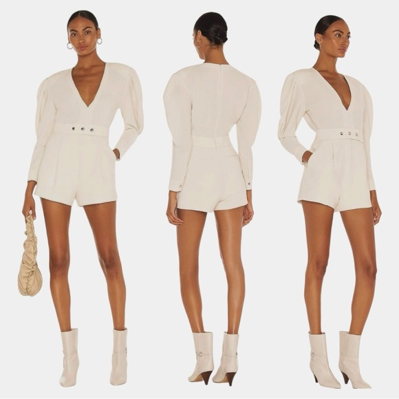 IRO Narma Pleated Crepe V Neck Long Puff Sleeve Belt Romper Playsuit Size 6 NEW - Picture 2 of 12